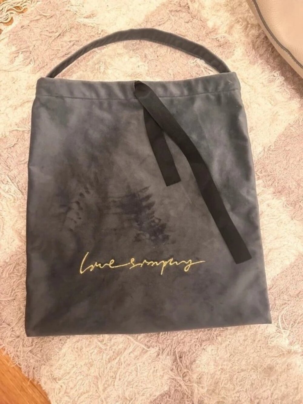 Gray Velvet Tote Bag with Gold Script Embroidery